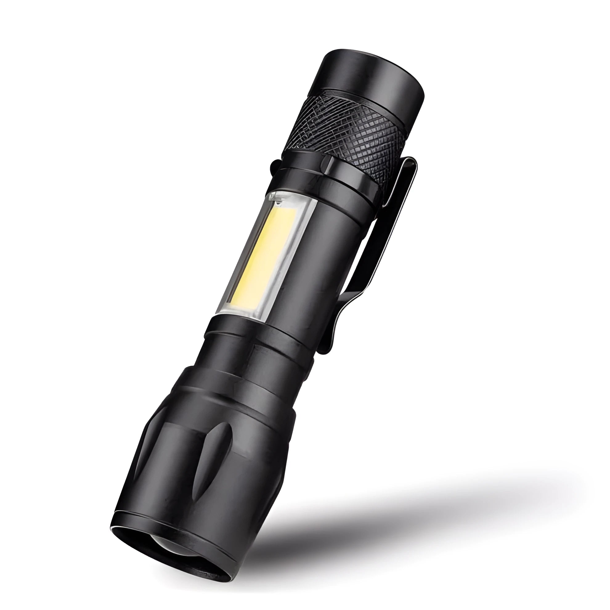 Mini black aluminium LED torch with telescopic zoom and clip for carrying