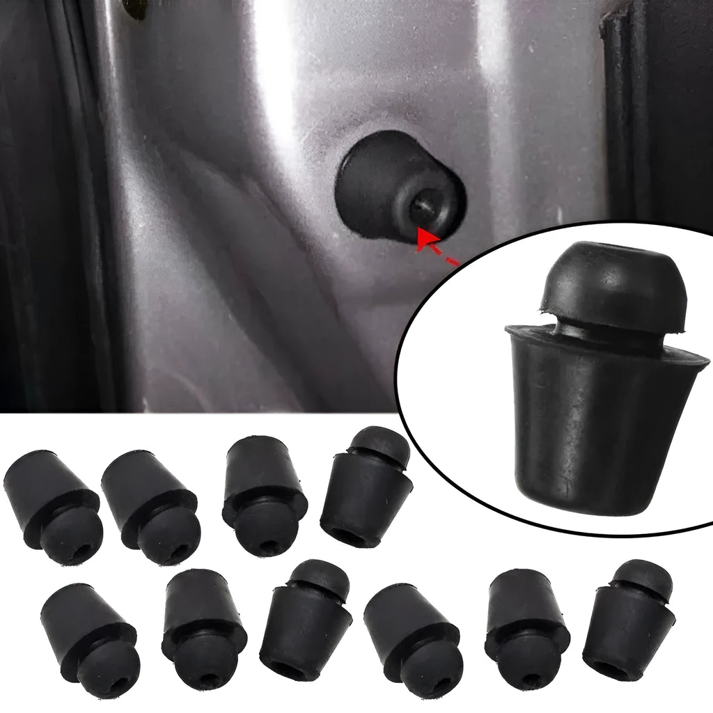 Ten black rubber automobile buckle clips for shock absorption, arranged on a white background.