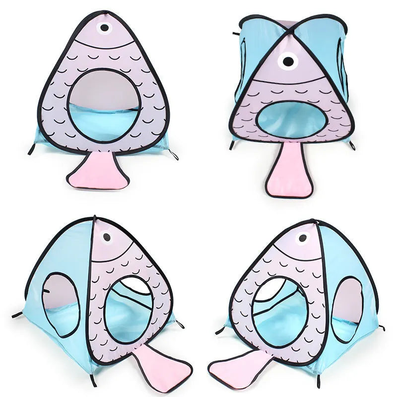 Foldable pet tent and tunnel play set with cat fish design displayed assembled