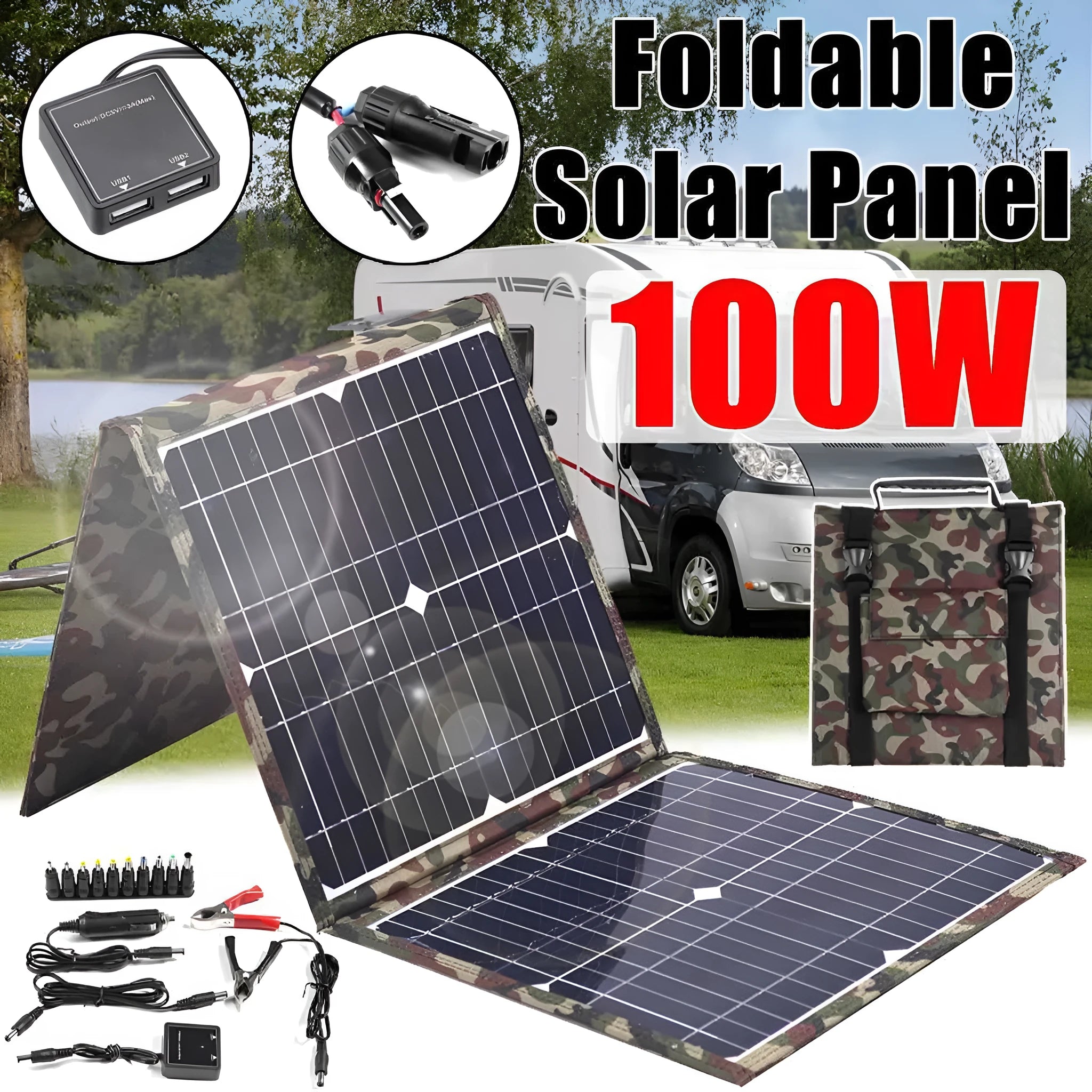 Black foldable solar panel unfolded showing three solar cells with car charger and USB accessories