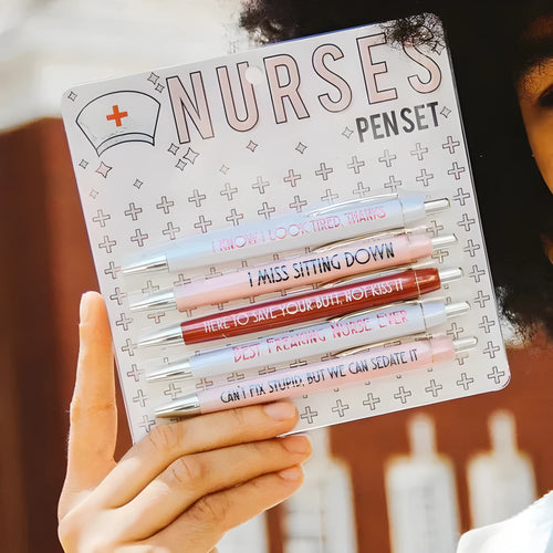 Set of five retractable ballpoint pens with funny nurse-themed graphics and copywriting.