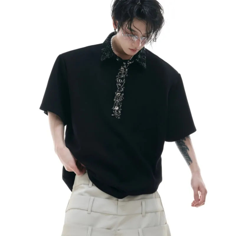 Men's loose fit polo t-shirt with embroidery and sequins on square collar and short sleeves