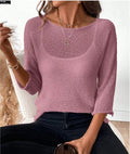 Women's off-shoulder knitted pullover top with 3/4 sleeves in thin polyester fabric
