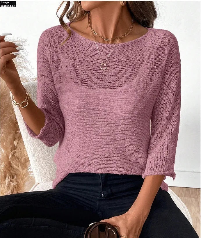 Women's off-shoulder knitted pullover top with 3/4 sleeves in thin polyester fabric