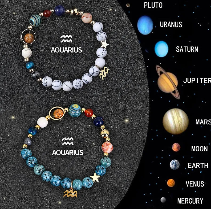 Two handmade natural stone beaded bracelets from a set of twelve zodiac sign designs.