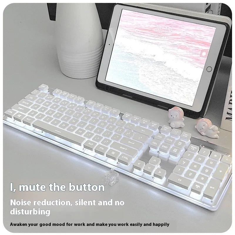 Wired computer keyboard with mute button and blue backlighting on a desk