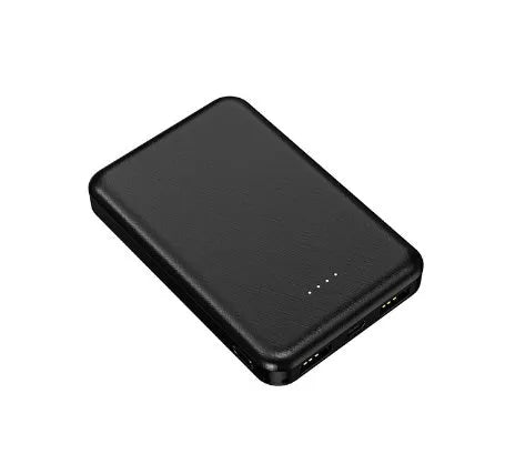Black and white universal USB power bank for heated vests, showing compact size