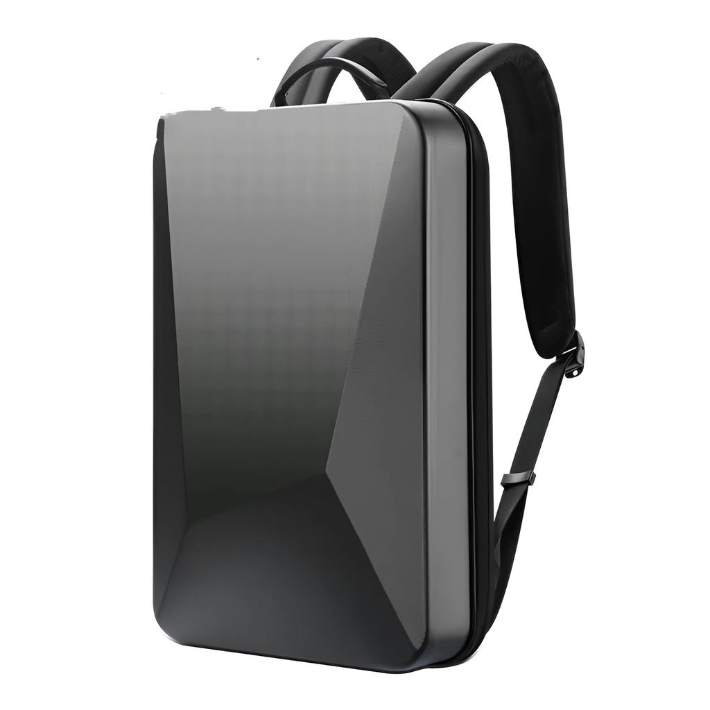 Hard shell gaming backpack in black or silver colour with multiple compartments and lock opening system