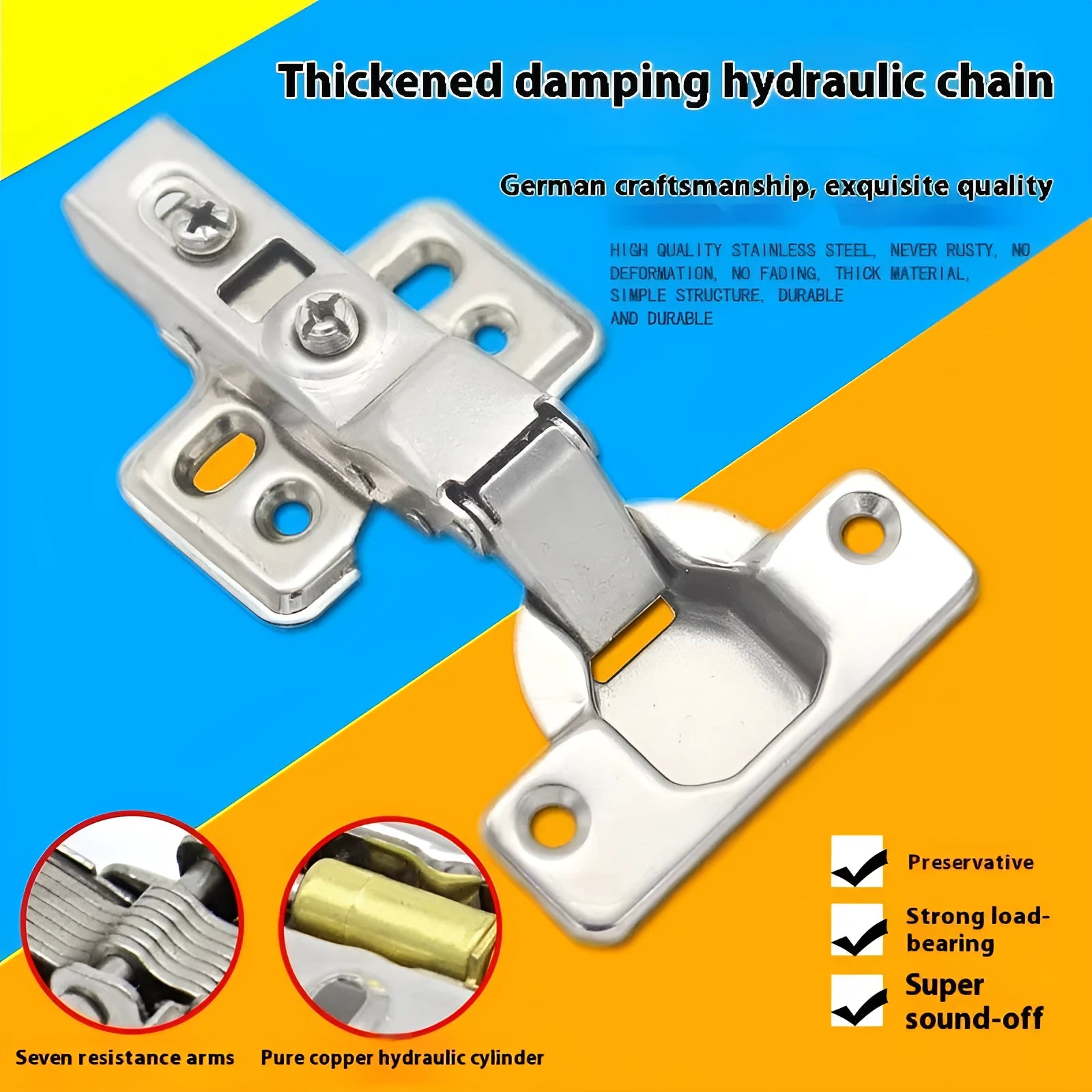 Thickened cold rolled steel hydraulic hinge with nickel plating in straight, middle, and big bend styles.