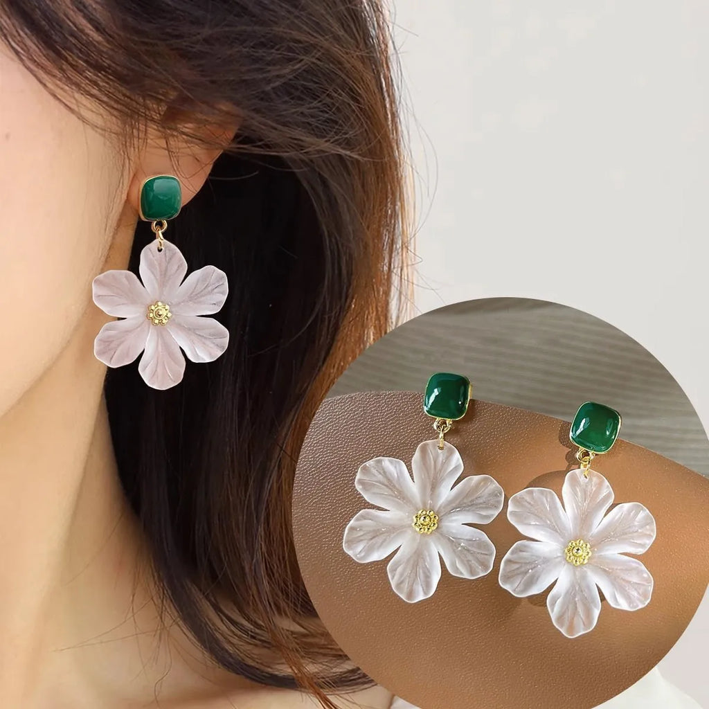 Dark green alloy needle flowers sweet earrings with drop style dangle design