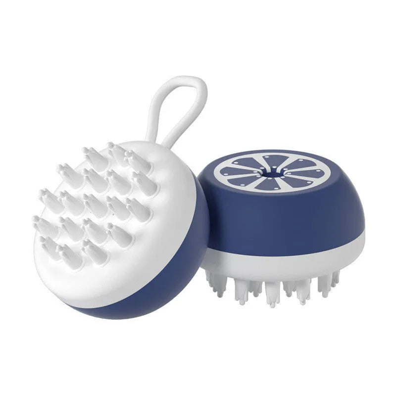 Pet grooming brush with 2-in-1 design showing massage head and comb teeth in soft silicone construction