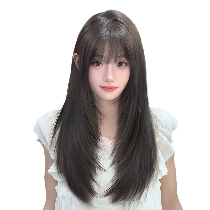 Full-head wear-free hair net wig with long straight high-temperature fibre and layered styling in black colour options