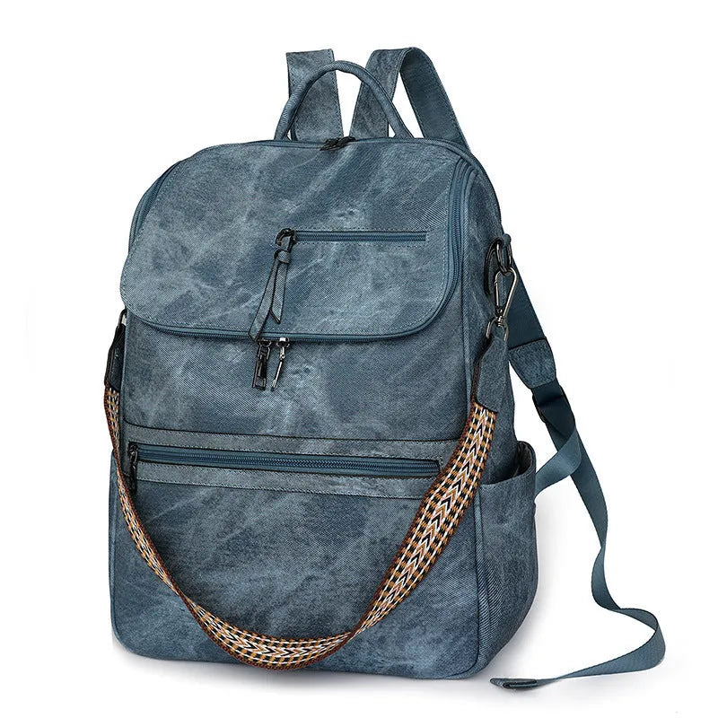 Retro style PU leather college backpack with curved shoulder straps, shown in one of six colour options.