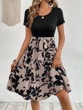 Women's khaki lace-up casual dress with A-line skirt and shoulder strap accents