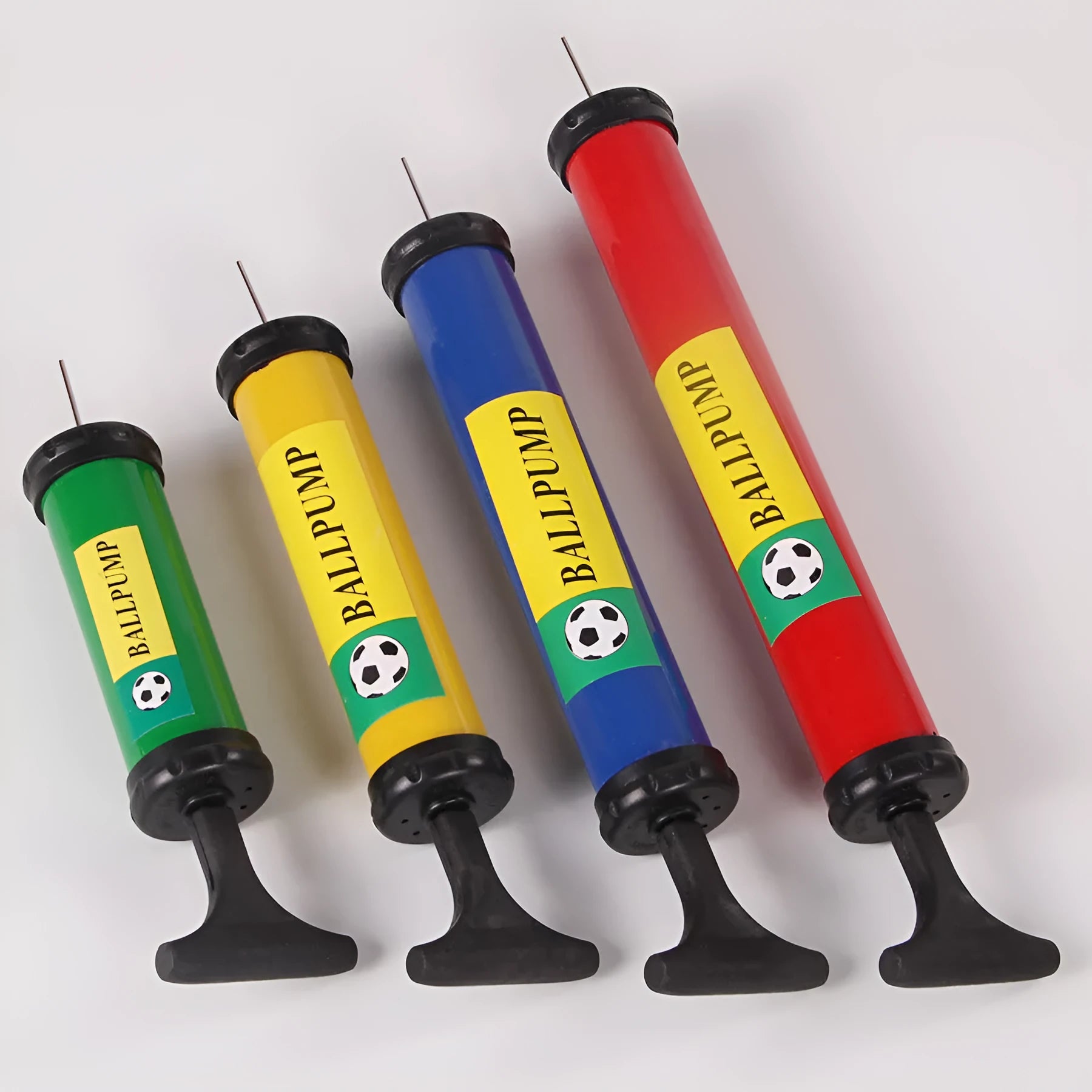 Plastic manual air pump for sports balls in mixed colours showing four size options