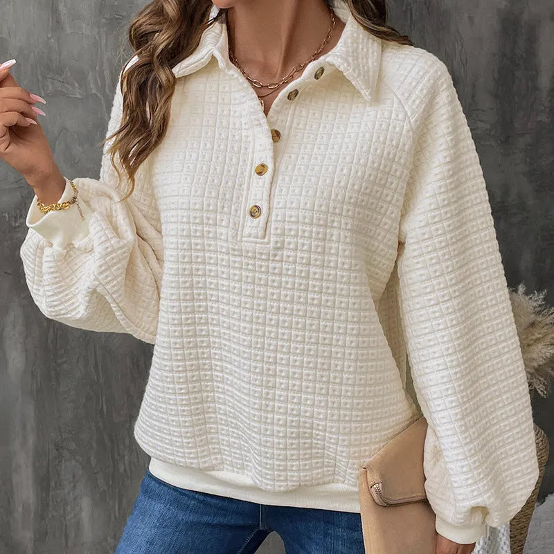 Women's milky white beige polo collar pullover sweater made of thickened polyester fabric