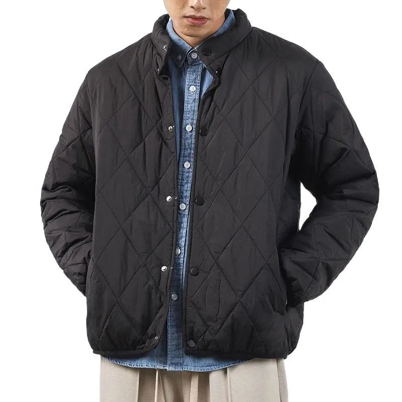 Men's black diamond lattice patterned cotton-padded jacket with a lengthened loose fit.