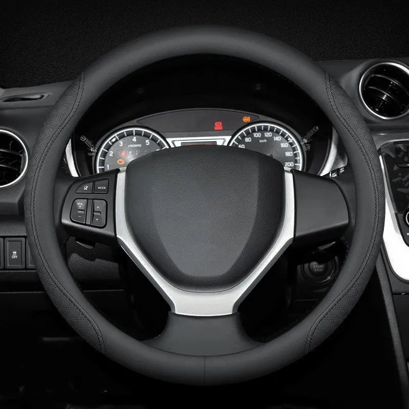 Black steering wheel cover with Napa leather texture for Suzuki cars