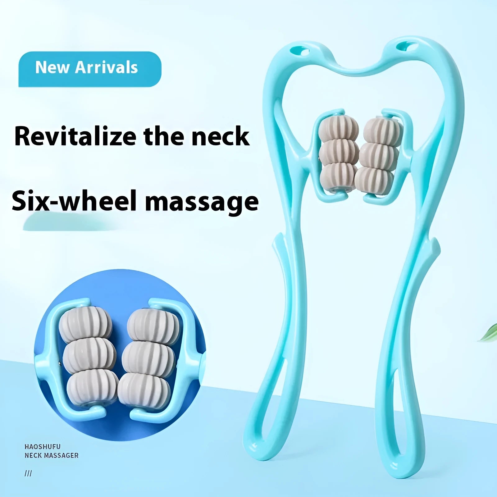 Blue plastic six-wheel manual massager for neck, shoulder and waist tension relief