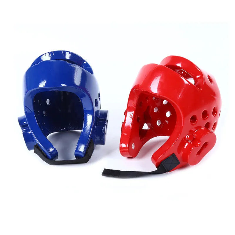 Karate and taekwondo protective gear set with leg guard, helmet, and boxing gloves in red or blue