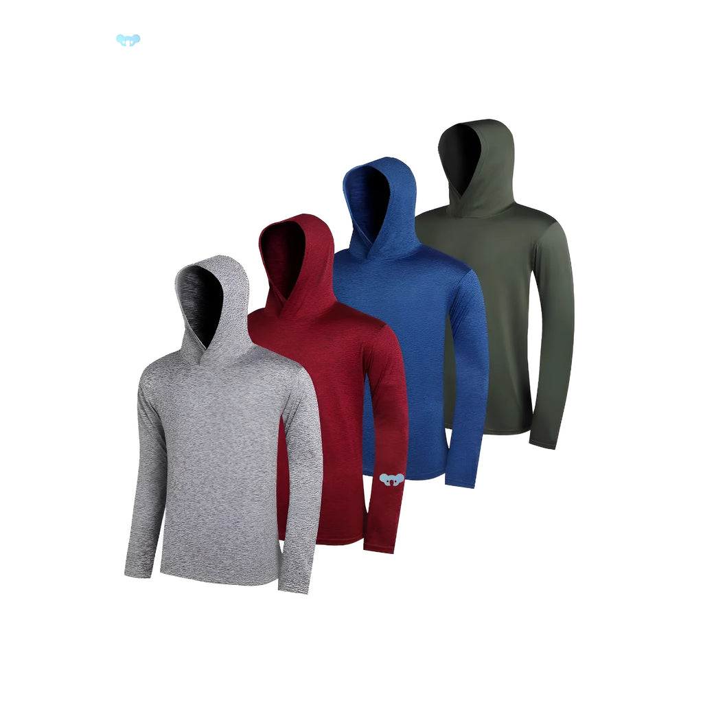 Set of four men's lightweight polyester hoodies on hangers, showing colour options and basic design.