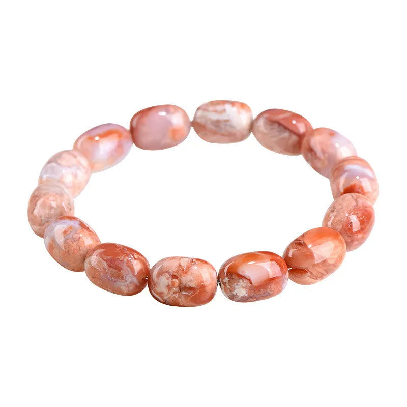 Natural cherry agate bracelet with barrel-shaped beads and ruyi design elements