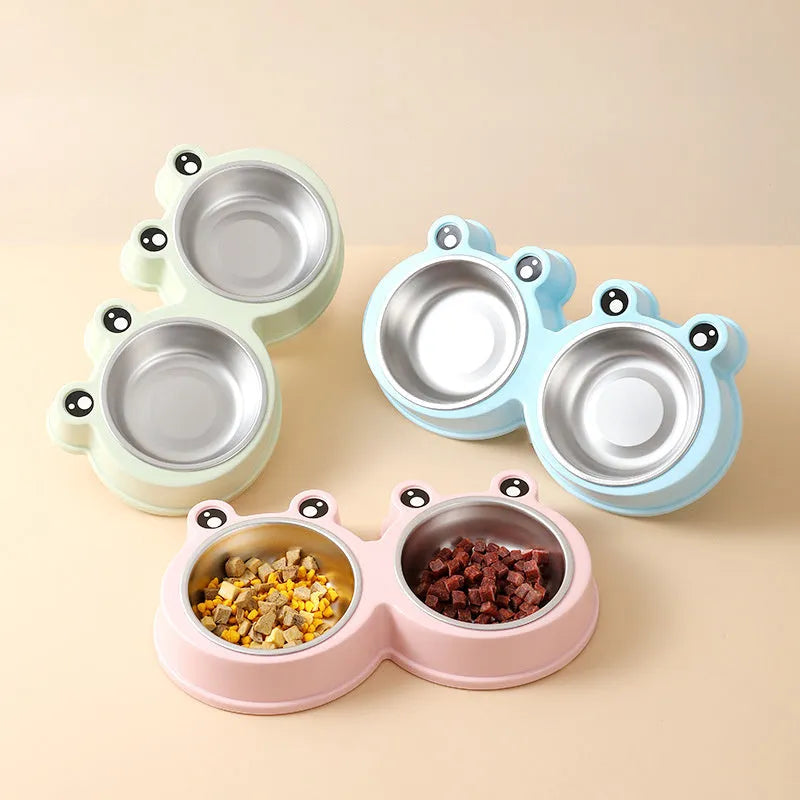 Stainless steel pet bowl with frog design and two compartments for food and water