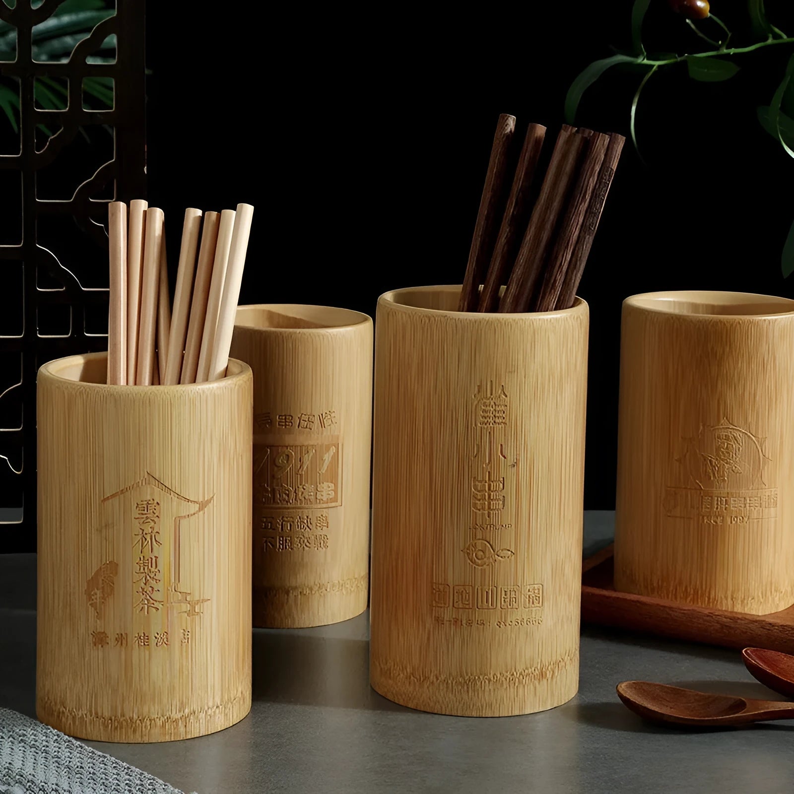 Natural bamboo chopstick holder tube in various sizes and styles including bevel and groove designs.