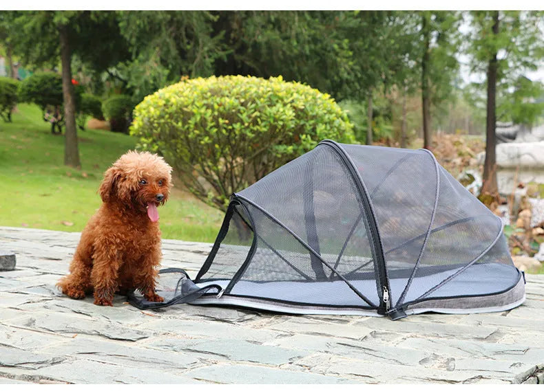 A portable folding cloth tent for cats with half-mesh side panels, shown in blue half-mesh specification.