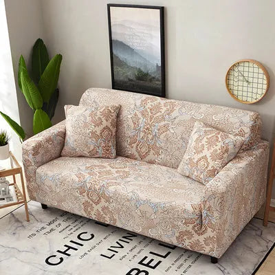 Printed stretch sofa cover with geometric pattern on three-seater sofa