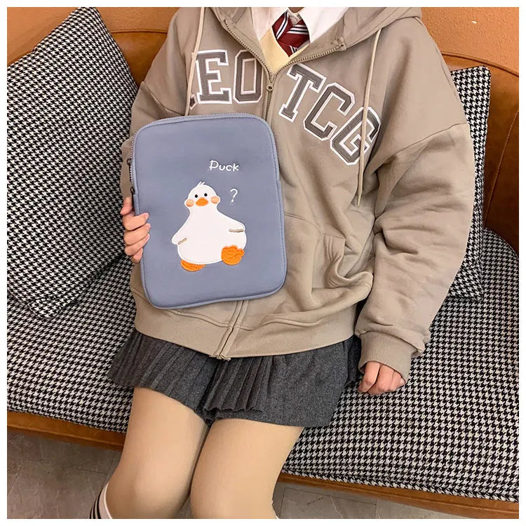 Cotton tablet case with embroidered cartoon duck design and zipper closure