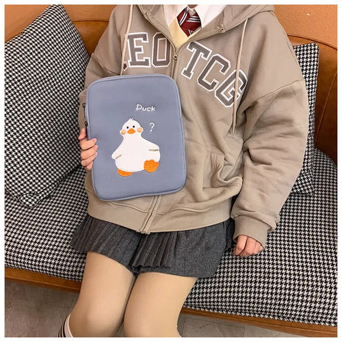 Cotton tablet case with embroidered cartoon duck design and zipper closure