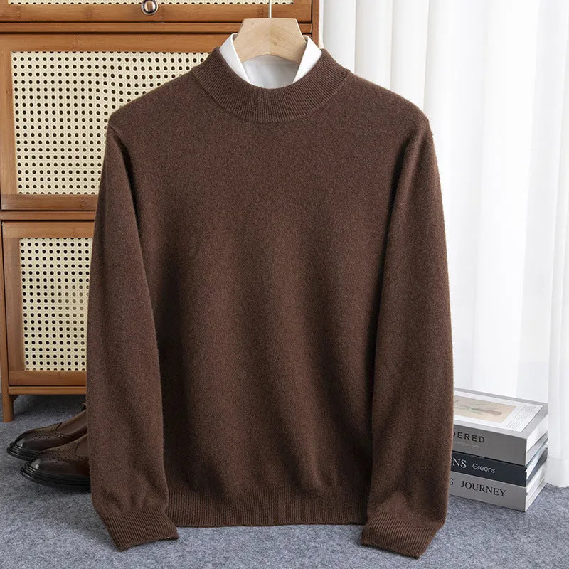Men's loose fit half-turtleneck wool sweater in a neutral colour on a hanger.