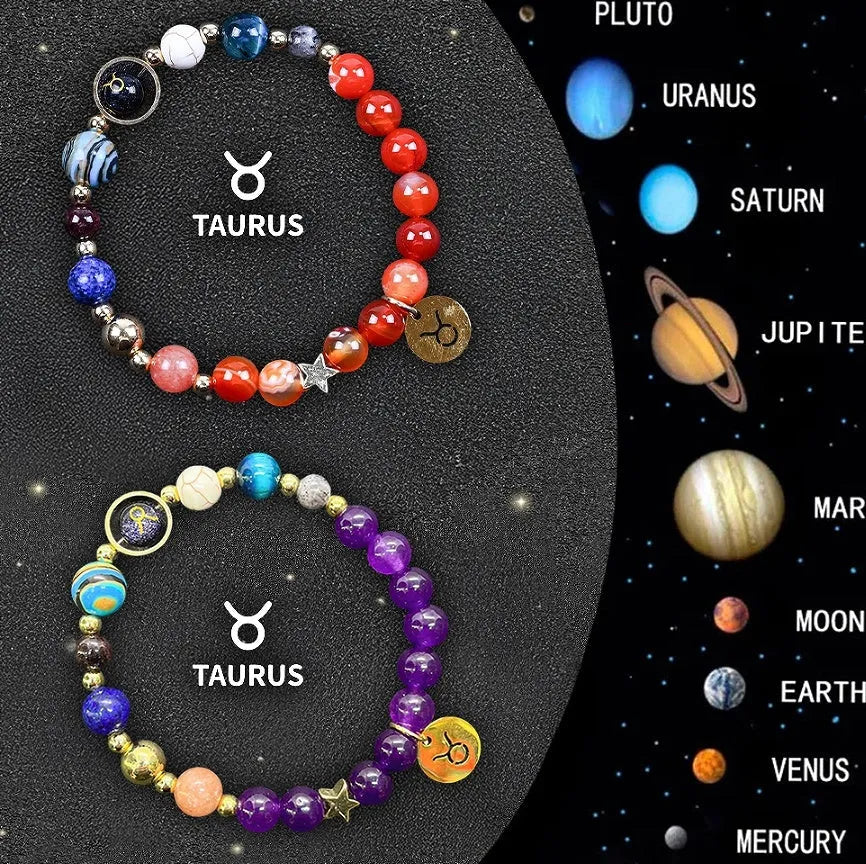 Natural stone beaded zodiac bracelet set showing twelve astrology constellation designs with adjustable cord