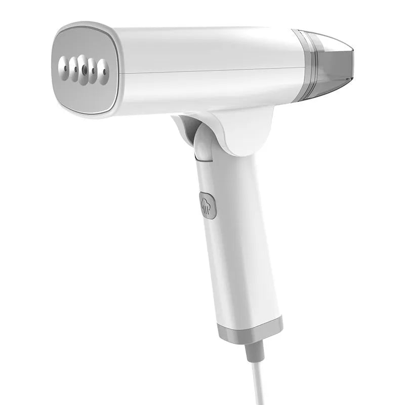 Blue and white handheld garment steamer with compact design and water tank for household clothes care