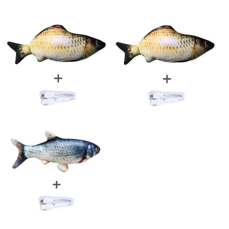 Electric jumping fish simulation cat toy showing multicolor options and USB charging cable.