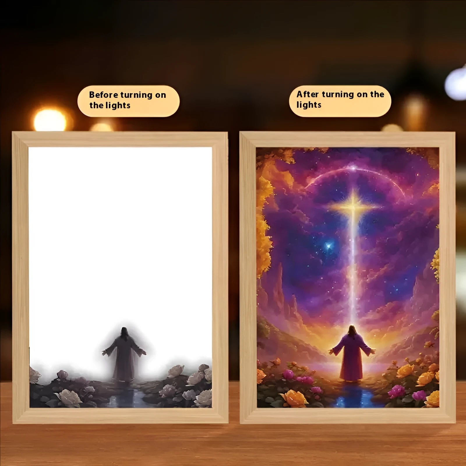 Modern rectangular LED light painting wall art with handmade frame showing illuminated design