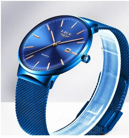 Men's stainless steel watch with a 40mm case shown in black, blue, and two-tone colour options.