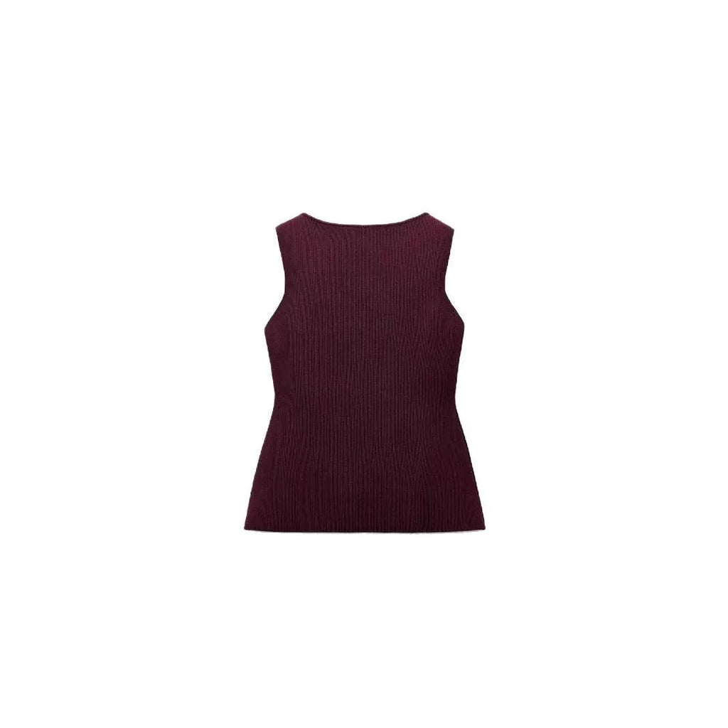 Women's dark red slim-fit viscose sleeveless vest with a raised 3D pattern design.