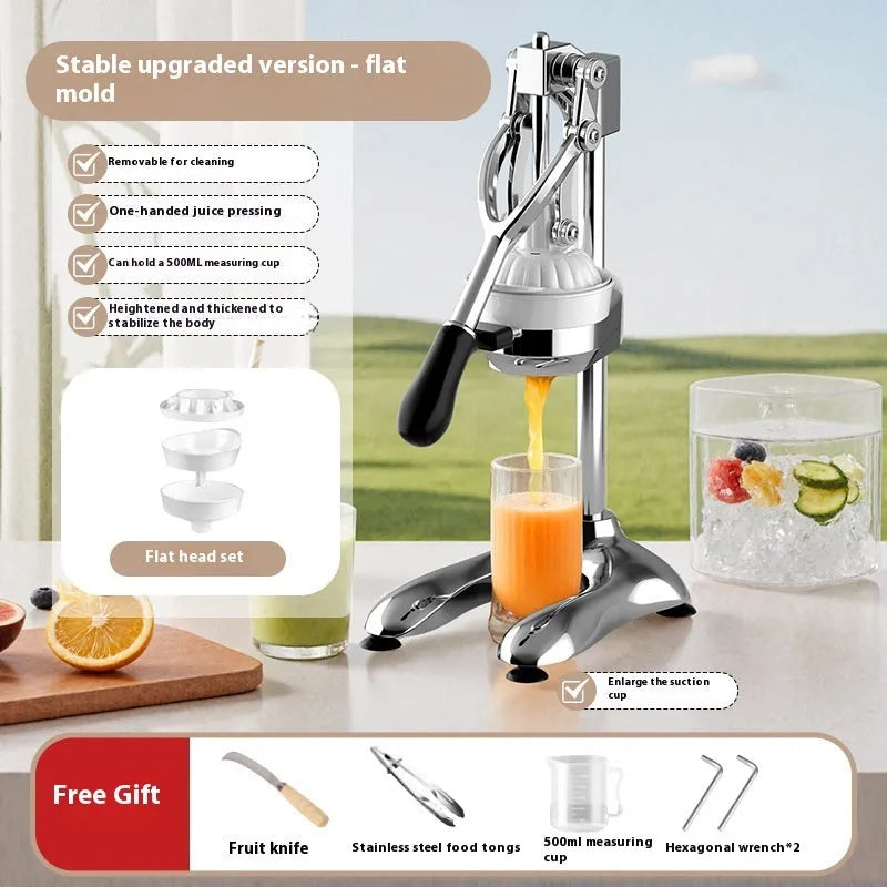 Manual stainless steel and nylon orange juicer with 480cm size on a kitchen counter.