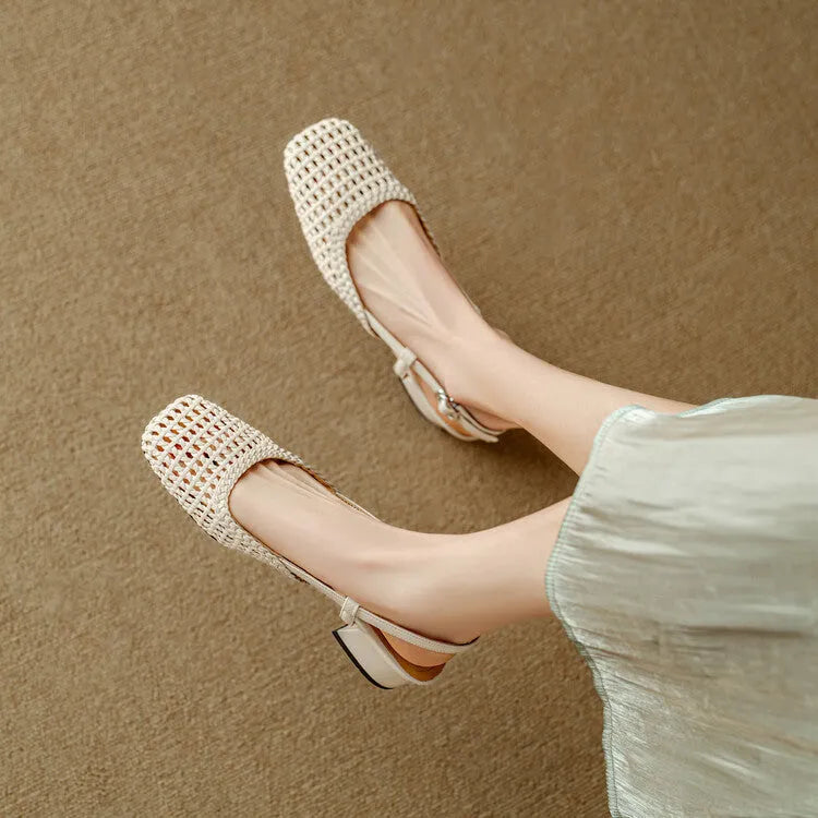 Women's woven hollow-out closed toe sandals with chunky heel and buckle fastening