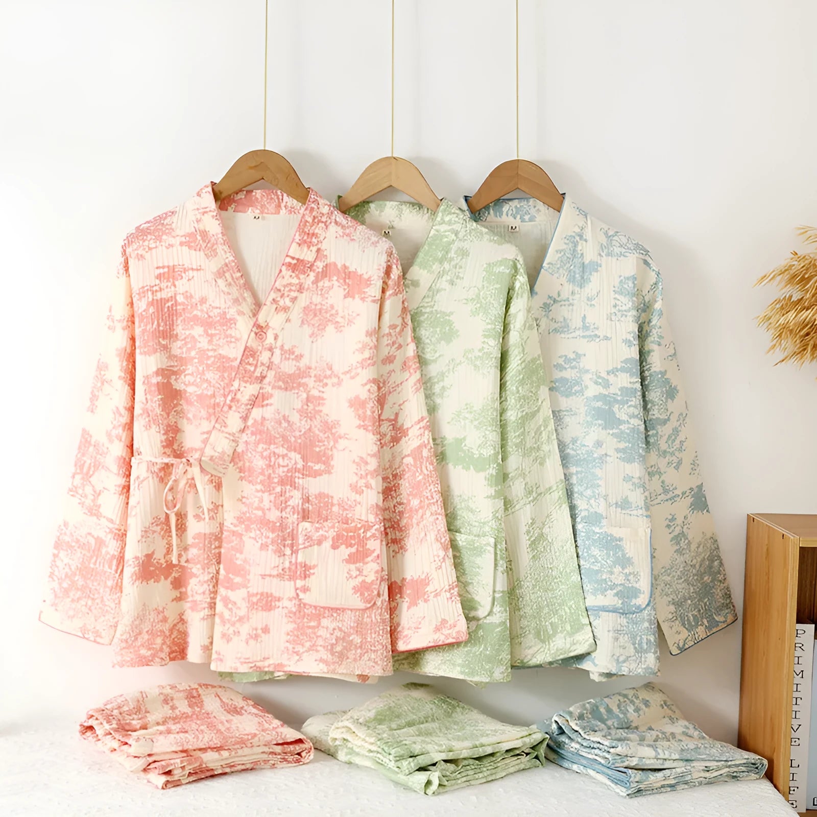 Ladies pure cotton gauze long sleeve trousers suit set in frosted pine trees colour