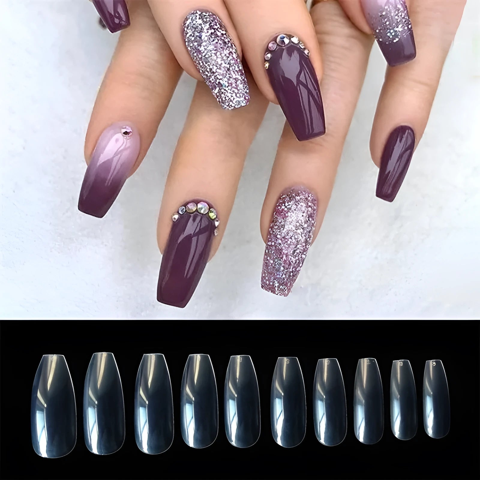 500 clear acrylic false nails in assorted sizes arranged next to application brush and bottle.