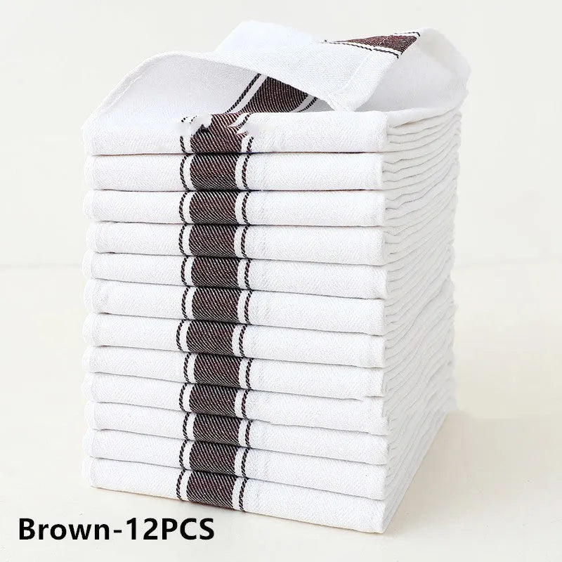 A pack of 12 striped polyester cotton blend kitchen dish towels in assorted colours, showing 48x70 cm size.