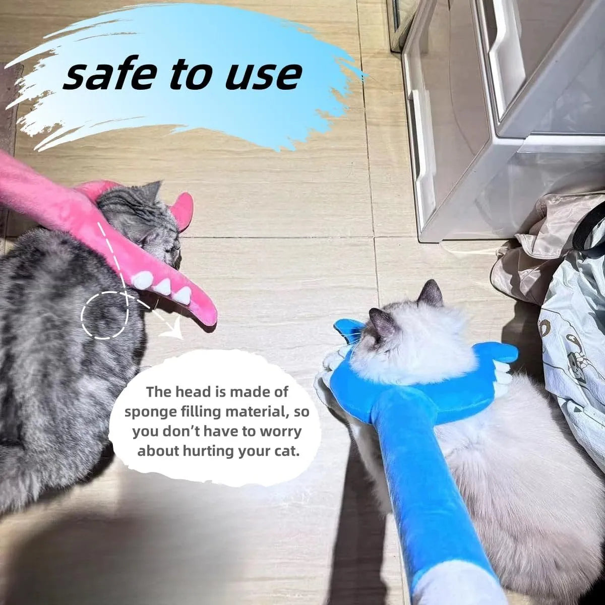 Blue and pink plush cat wand toy measuring 70cm length for interactive pet play