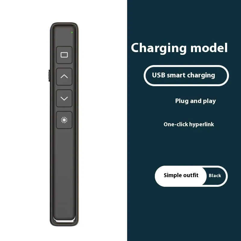 A black, white, or pink remote control pen for presentations with a laser pointer and digital annotation functions.