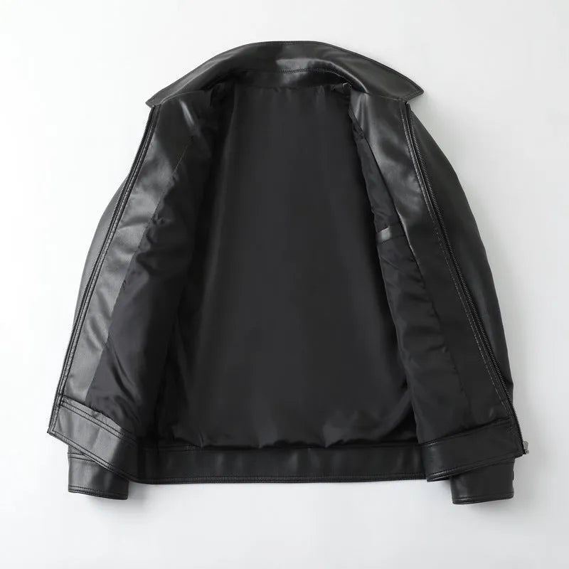 Men's black loose fit PU leather casual jacket with zip front