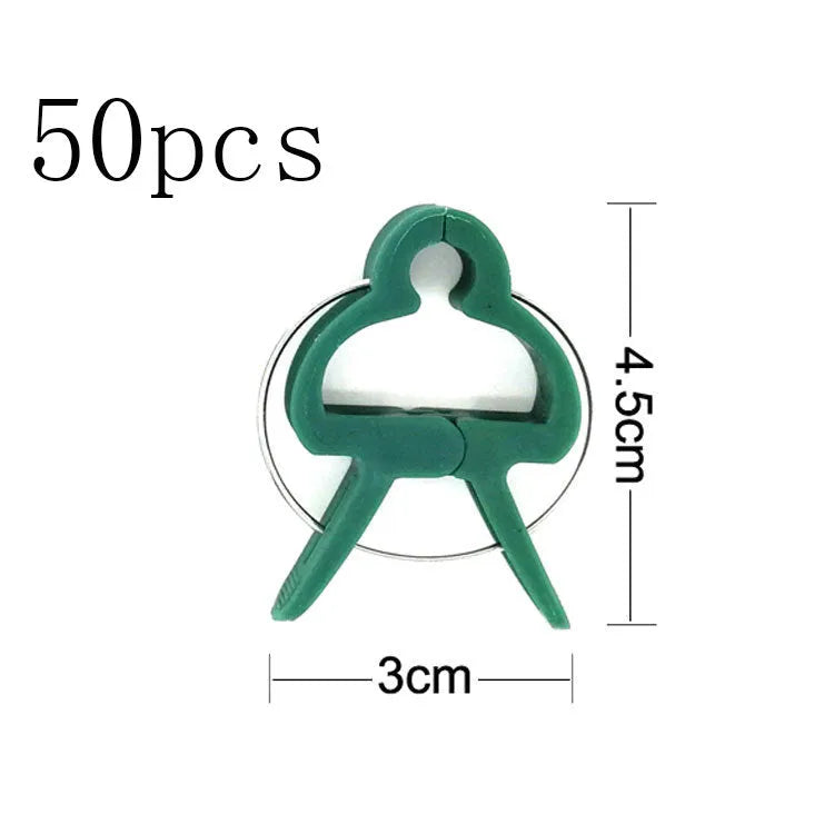 Green plastic and zinc plant fixing clips for large and small climbing plants like tomatoes and beans.