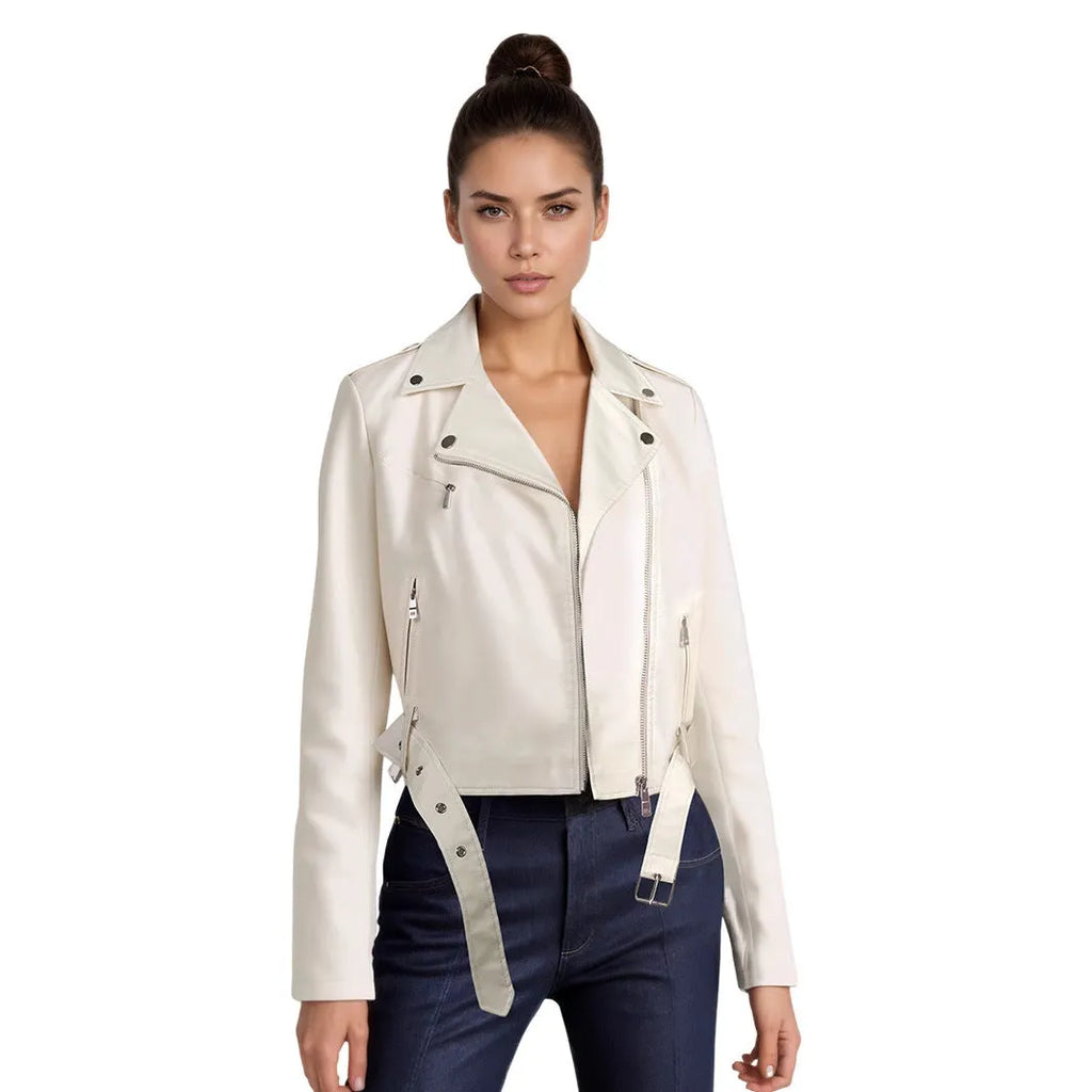 Women's black PU leather jacket with lapel waist belt on hanger