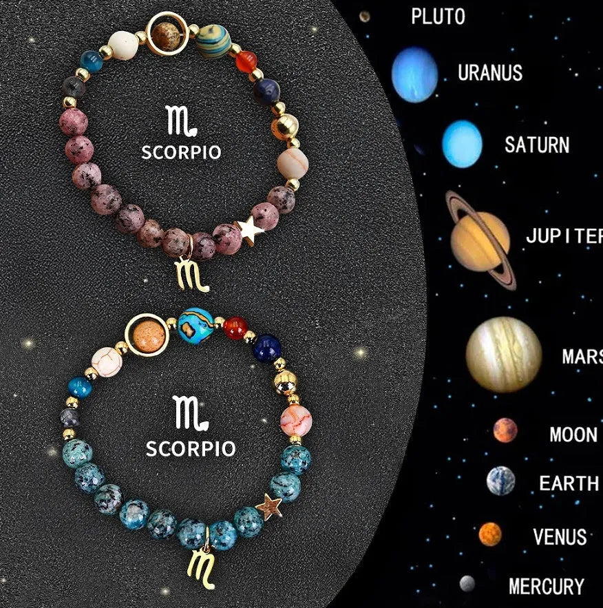 A pair of adjustable natural stone beaded bracelets on a wrist, representing Chinese zodiac signs.